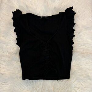 Zara Black Ruffle Ribbed Cinch Crop Top *Excellent Condition*